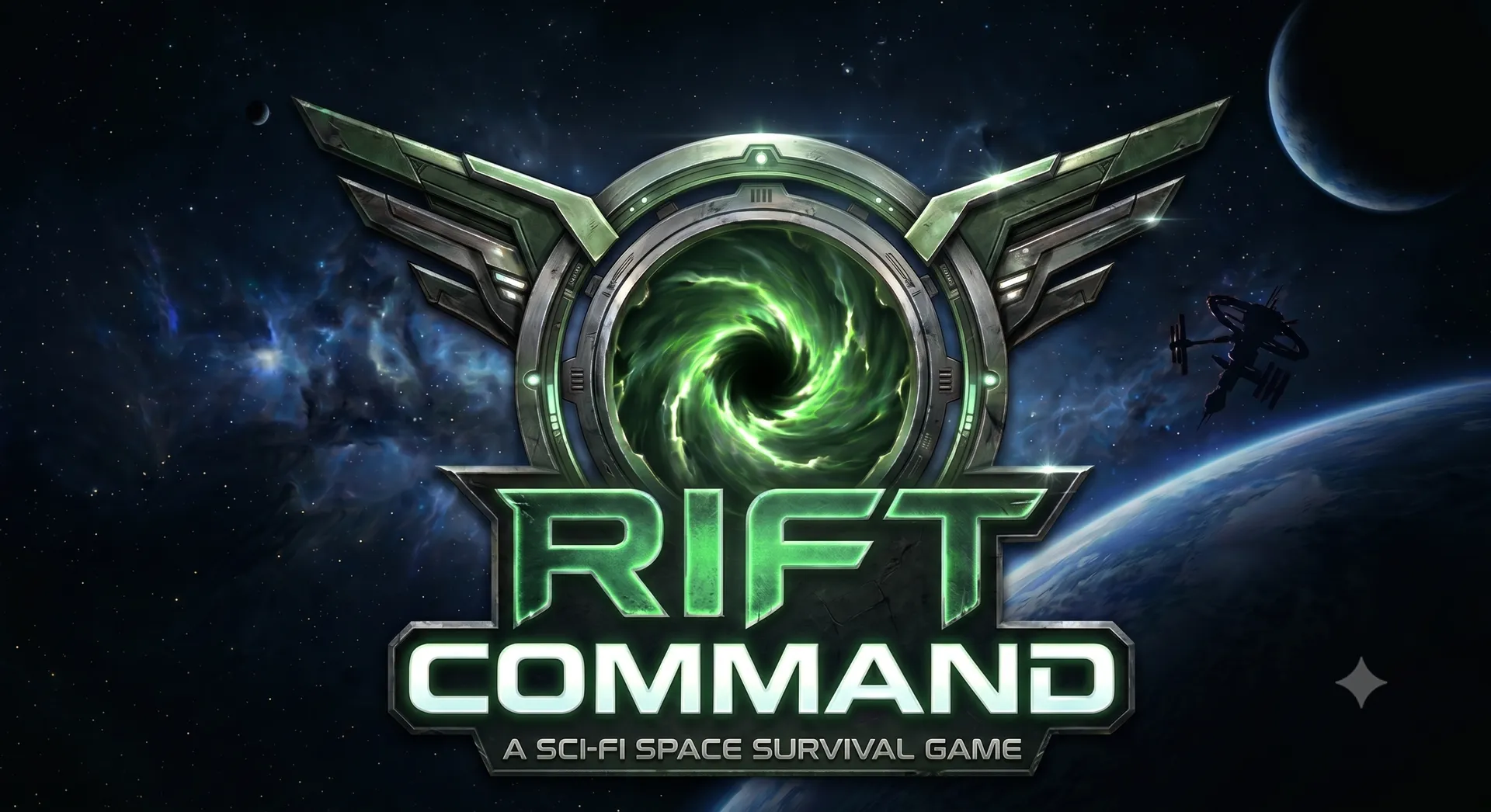 Rift Command key-art title banner. Centerpiece is a circular weathered metal ring portal enclosing a swirling spiral rift of luminous toxic-green energy, like a galaxy whirlpool collapsing into a dark eye at its core. The ring is flanked by two large symmetrical armoured wings built from angular shining gun-metal, forming a heraldic emblem. Beneath the emblem sits the chunky beveled metallic logotype: a huge green-glowing word RIFT above a wider chrome-white word COMMAND, with the small caps tagline A SCI-FI SPACE SURVIVAL GAME below it. Backdrop is deep space: a dark blue-and-teal nebula scattered with stars, a small grey moon at upper left, a larger cratered planet at upper right, and the bright curved limb of a blue ocean planet sweeping across the lower right. A tiny white four-point star glints in the lower right. Cinematic ultra-wide widescreen video-game cover art, dramatic volumetric lighting with a dominant green glow, high contrast and crisp.